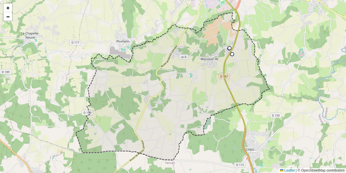 Carte du réseau de transport en commun à Moustoir-Ac - lignes de bus et arrêts