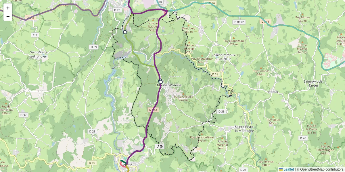 Carte du réseau de transport en commun à Moutier-Rozeille - lignes de bus et arrêts