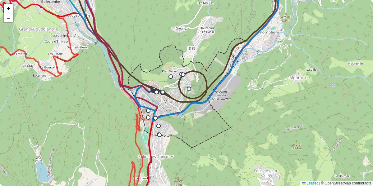 Carte du réseau de transport en commun à Moûtiers - lignes de bus et arrêts