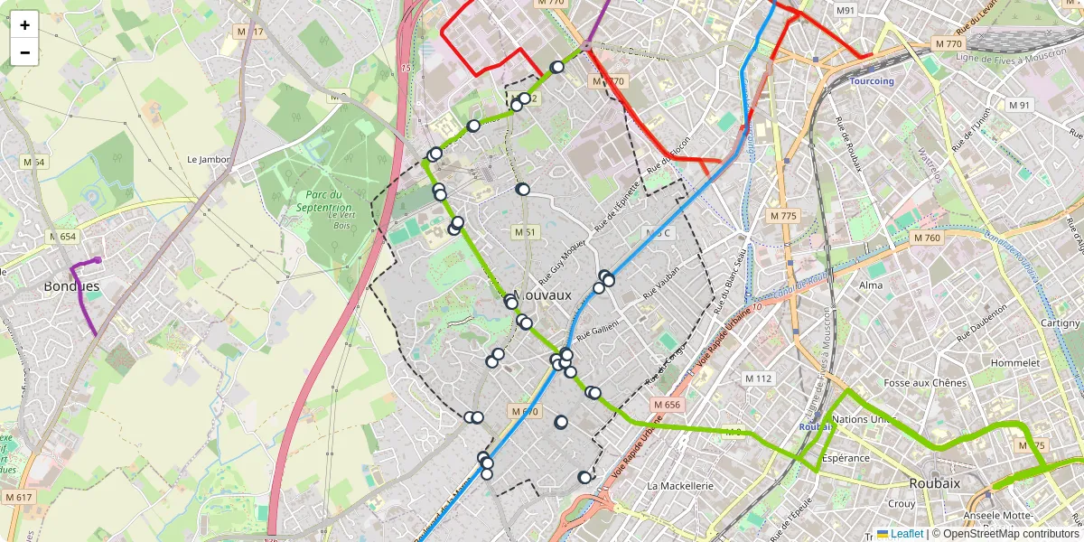 Carte du réseau de transport en commun à Mouvaux - lignes de bus et arrêts
