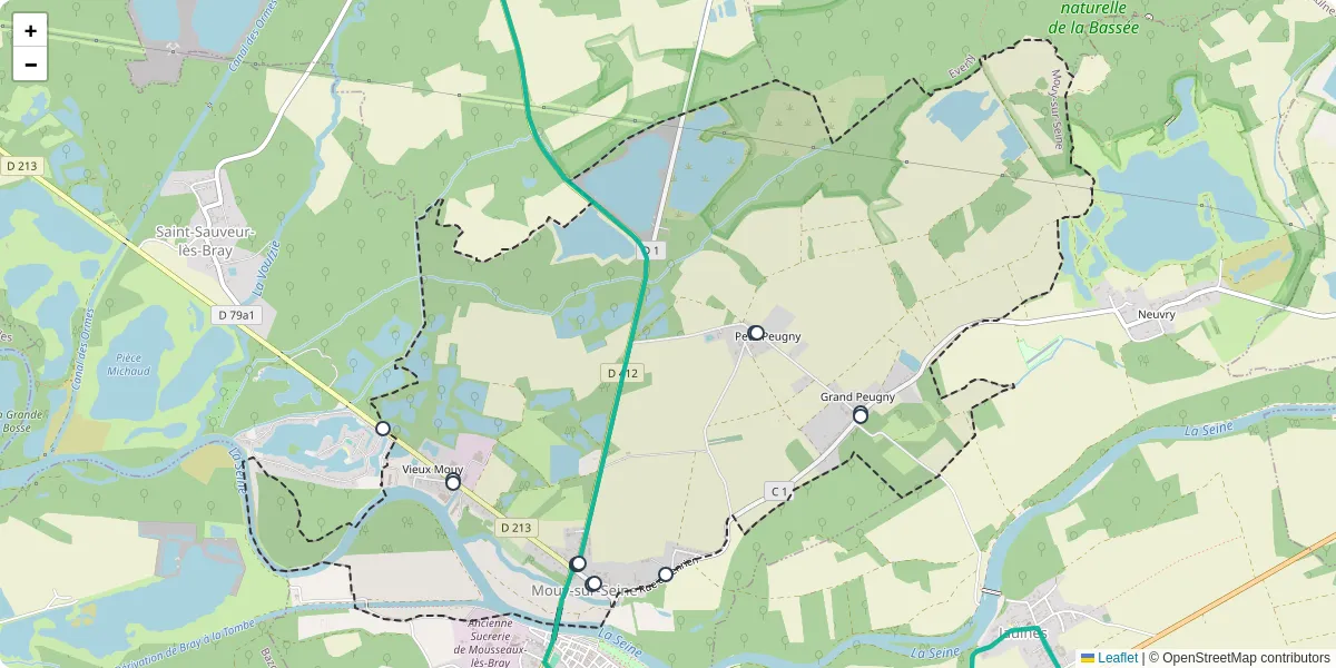 Carte du réseau de transport en commun à Mouy-sur-Seine - lignes de bus et arrêts