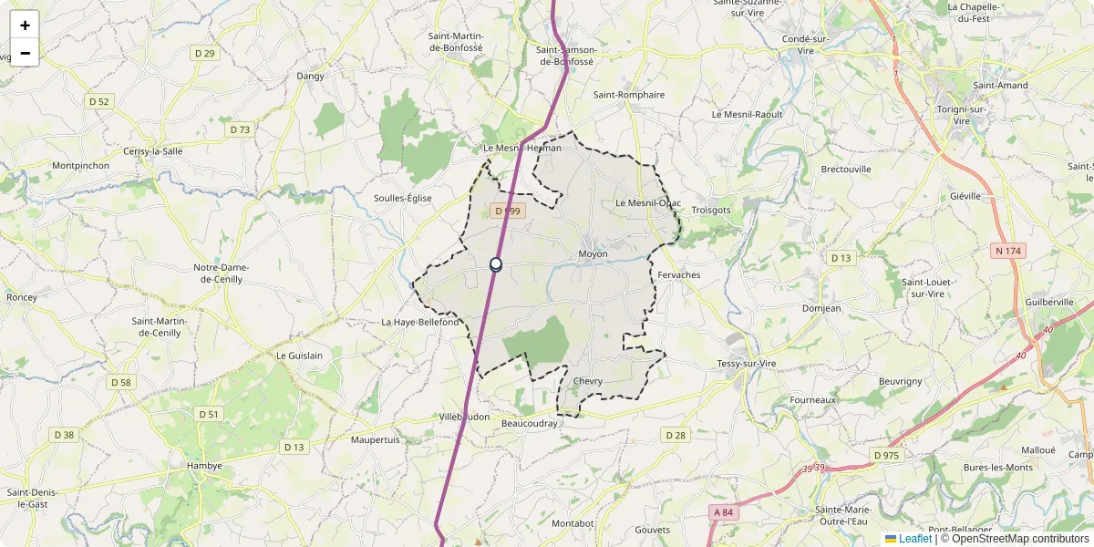 Carte du réseau de transport en commun à Moyon Villages - lignes de bus et arrêts