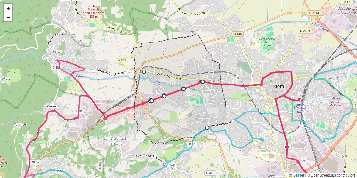 Carte du réseau de transport en commun à Mozac - lignes de bus et arrêts