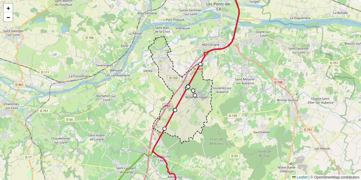 Carte du réseau de transport en commun à Mozé-sur-Louet - lignes de bus et arrêts