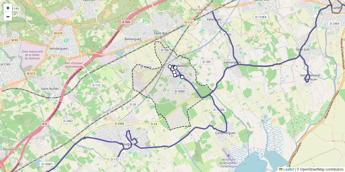 Carte du réseau de transport en commun à Mudaison - lignes de bus et arrêts