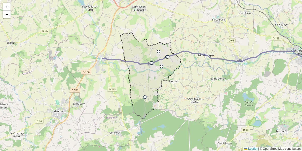 Carte du réseau de transport en commun à Muel - lignes de bus et arrêts