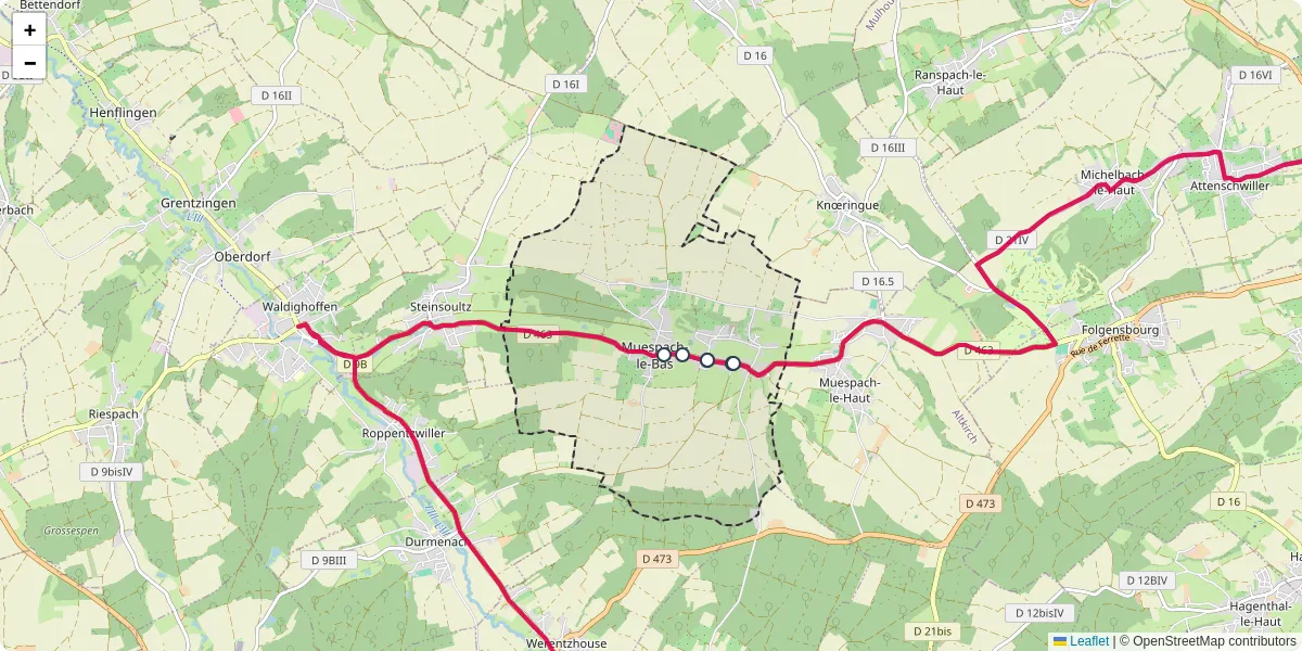 Carte du réseau de transport en commun à Muespach - lignes de bus et arrêts
