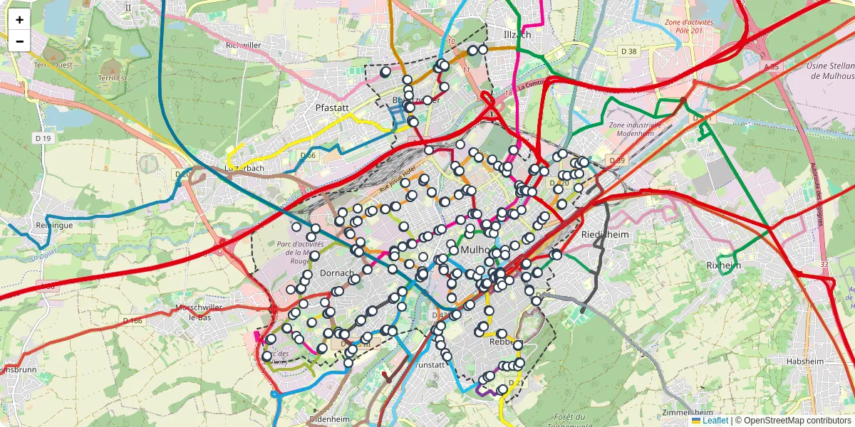 Carte du réseau de transport en commun à Mulhouse - lignes de bus et arrêts