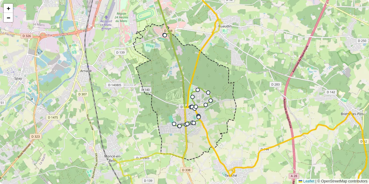 Carte du réseau de transport en commun à Mulsanne - lignes de bus et arrêts