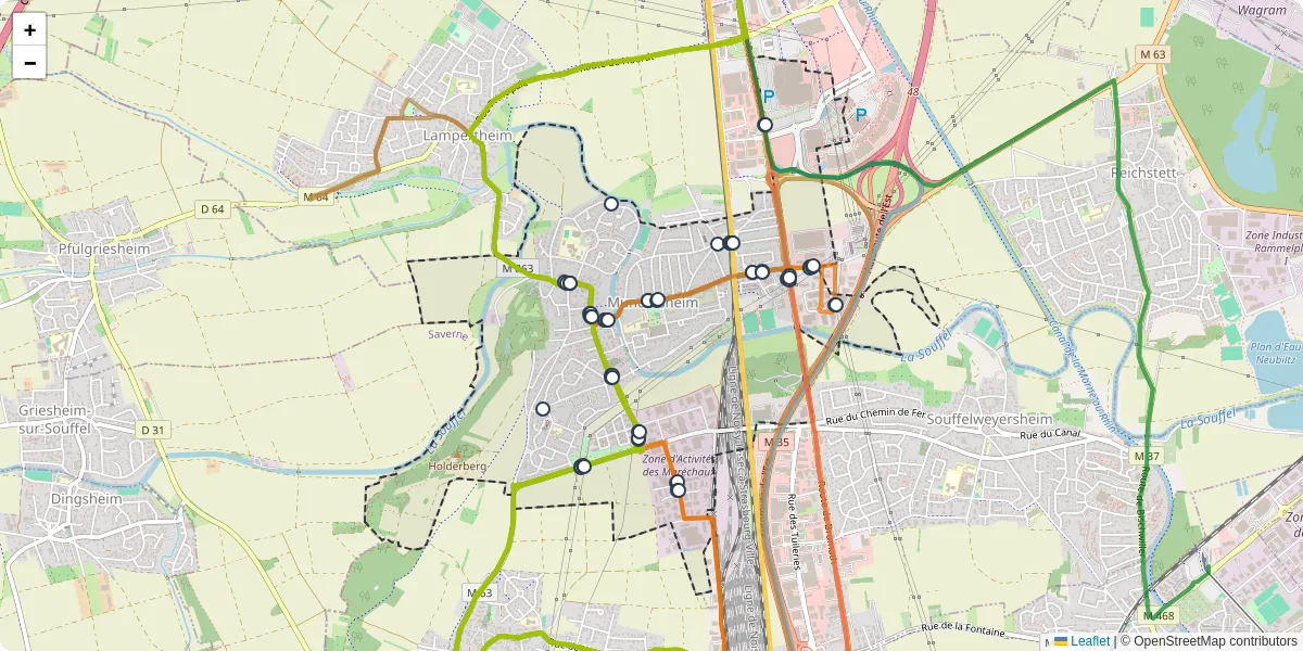 Carte du réseau de transport en commun à Mundolsheim - lignes de bus et arrêts