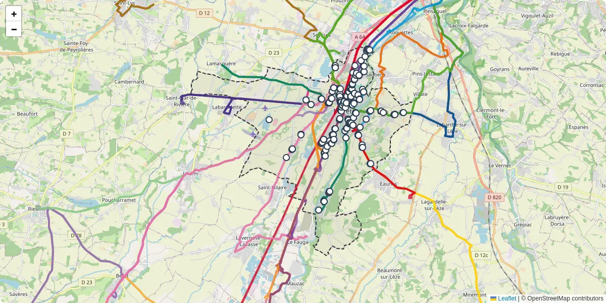 Carte du réseau de transport en commun à Muret - lignes de bus et arrêts