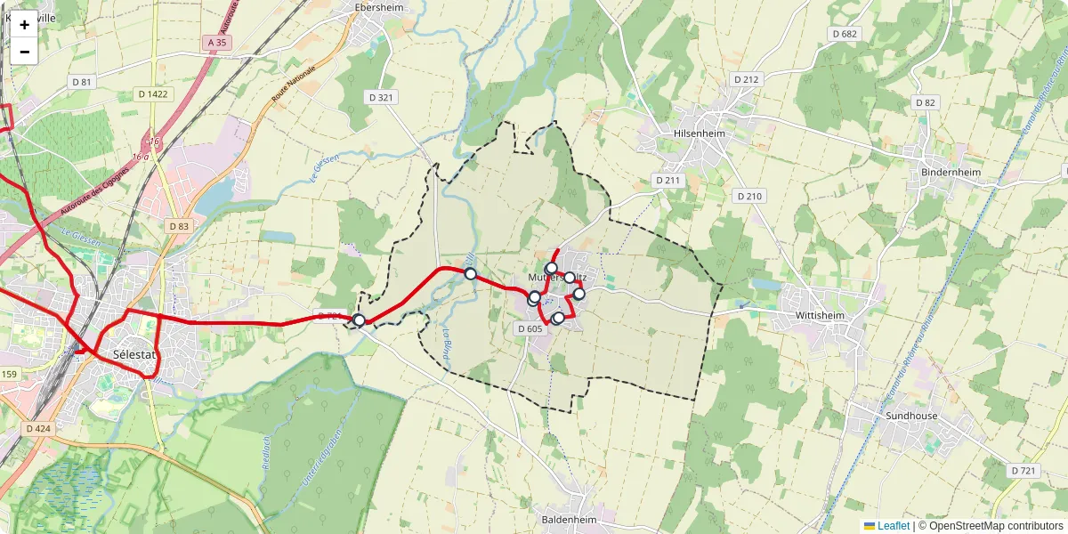 Carte du réseau de transport en commun à Muttersholtz - lignes de bus et arrêts
