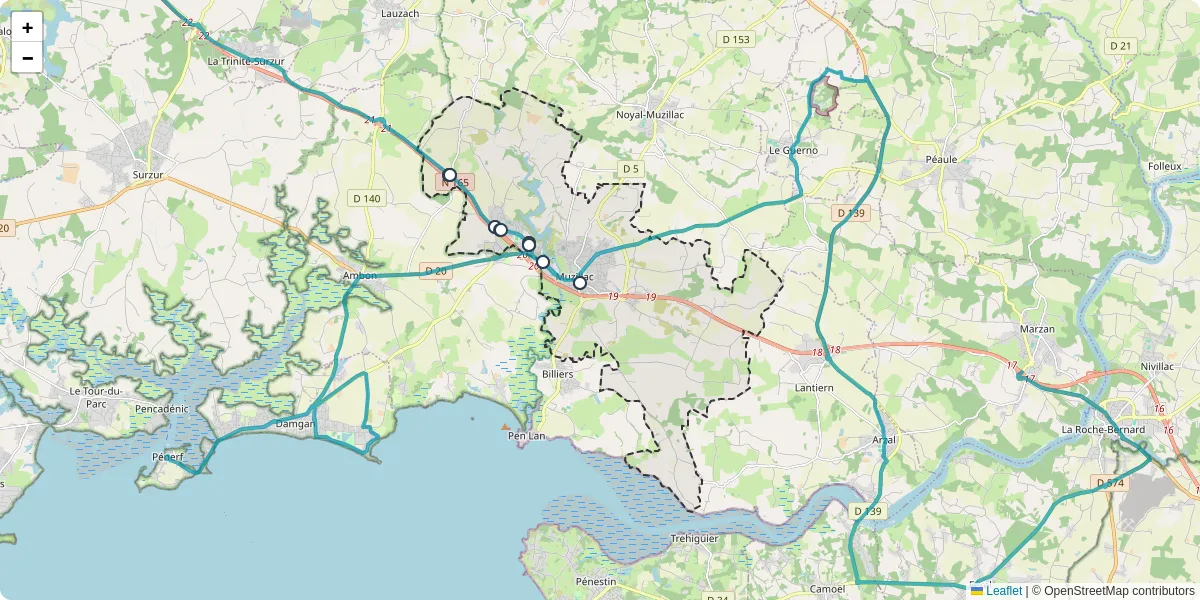 Carte du réseau de transport en commun à Muzillac - lignes de bus et arrêts