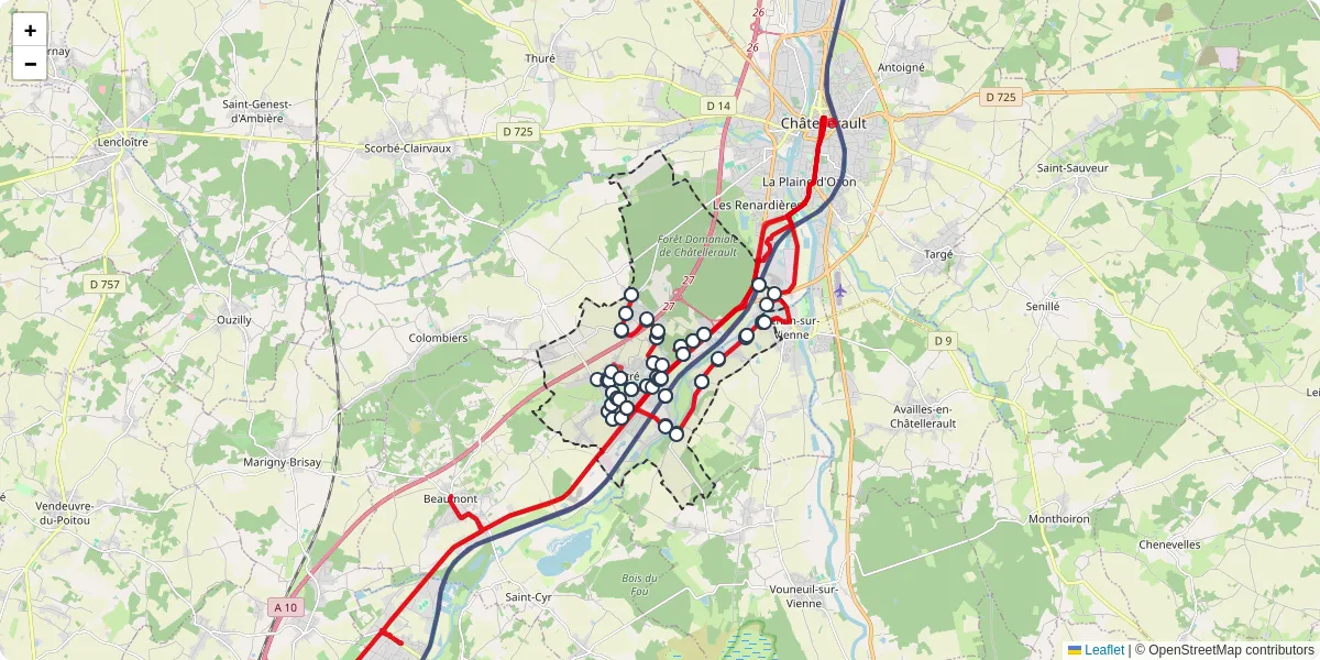 Carte du réseau de transport en commun à Naintré - lignes de bus et arrêts