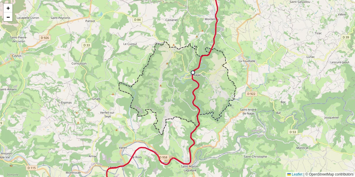 Carte du réseau de transport en commun à Najac - lignes de bus et arrêts