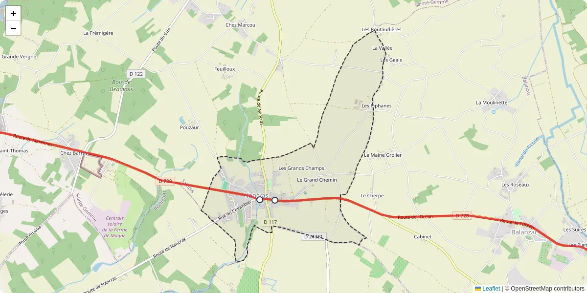 Carte du réseau de transport en commun à Nancras - lignes de bus et arrêts
