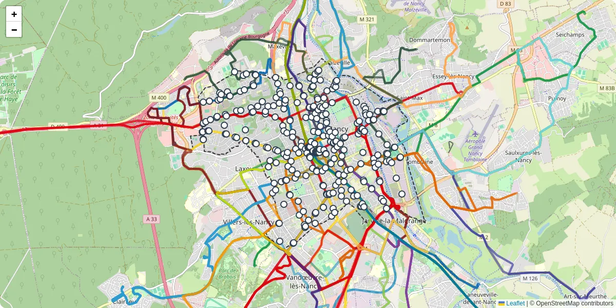 Carte du réseau de transport en commun à Nancy - lignes de bus et arrêts