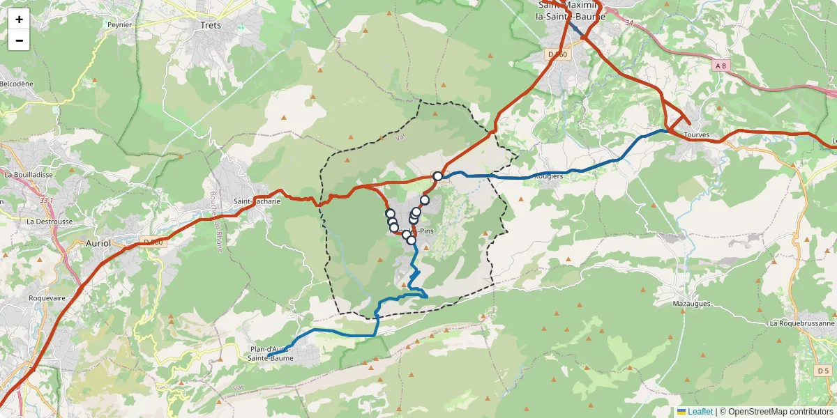 Carte du réseau de transport en commun à Nans-les-Pins - lignes de bus et arrêts