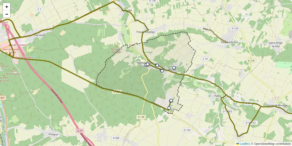 Carte du réseau de transport en commun à Nanteau-sur-Lunain - lignes de bus et arrêts
