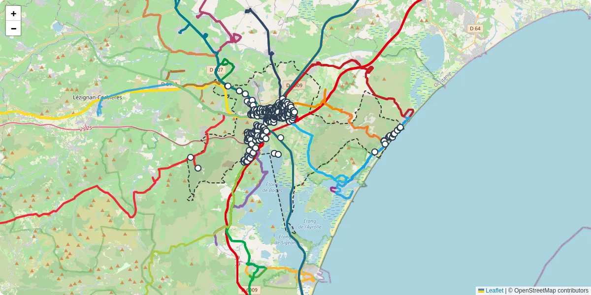 Carte du réseau de transport en commun à Narbonne - lignes de bus et arrêts