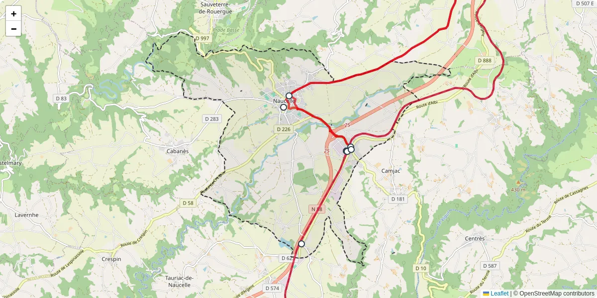 Carte du réseau de transport en commun à Naucelle - lignes de bus et arrêts