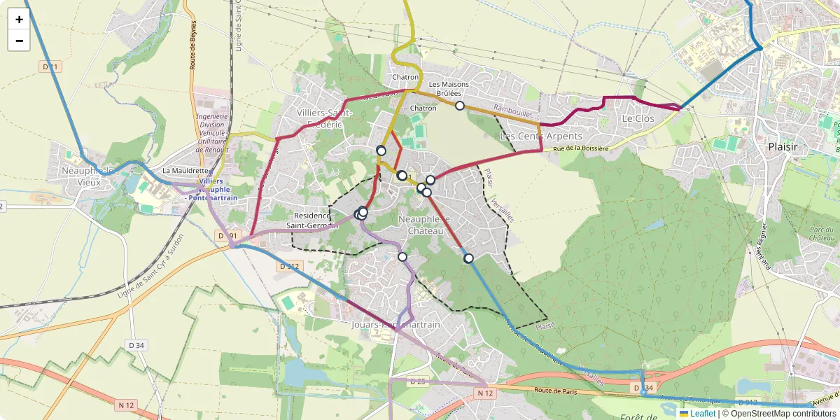Carte du réseau de transport en commun à Neauphle-le-Château - lignes de bus et arrêts