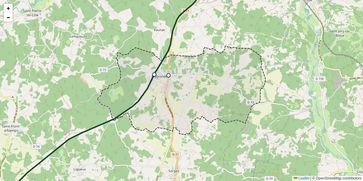 Carte du réseau de transport en commun à Négrondes - lignes de bus et arrêts