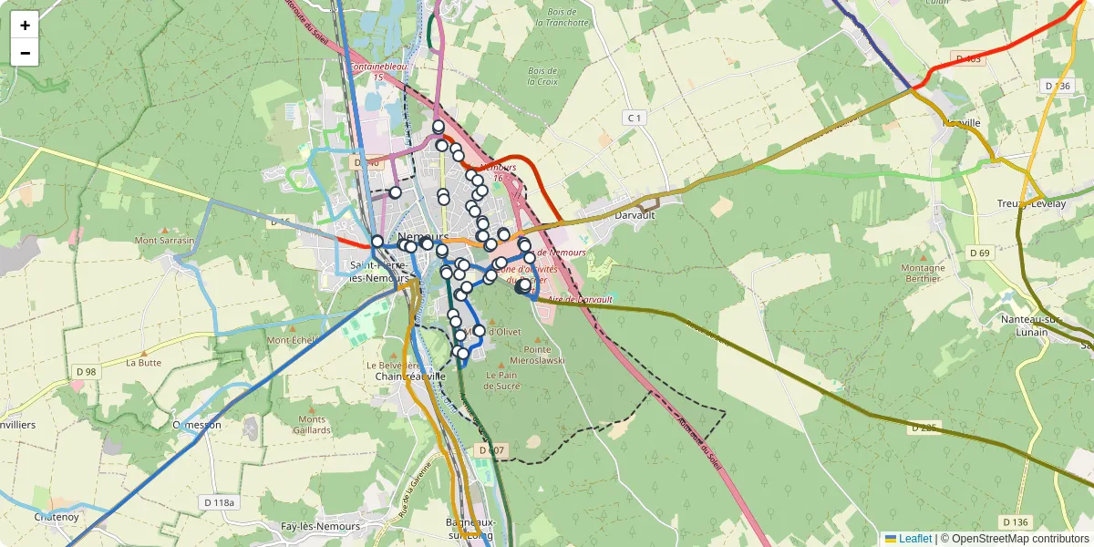 Carte du réseau de transport en commun à Nemours - lignes de bus et arrêts