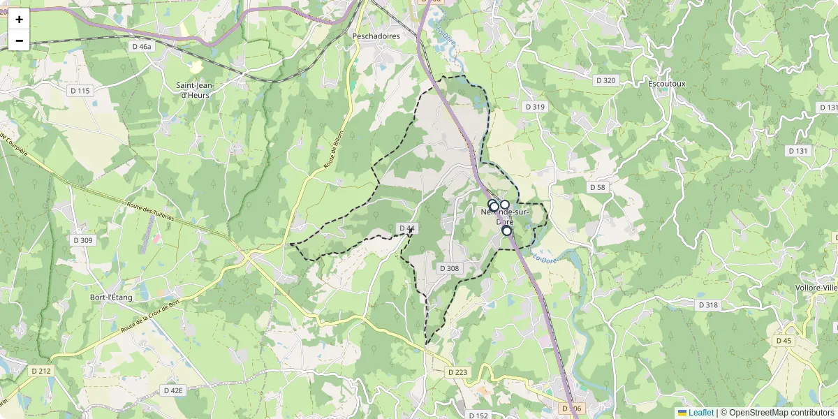 Carte du réseau de transport en commun à Néronde-sur-Dore - lignes de bus et arrêts