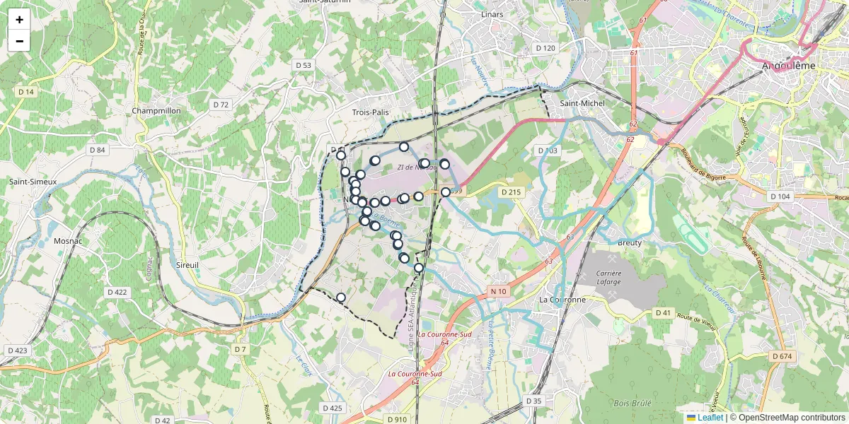 Carte du réseau de transport en commun à Nersac - lignes de bus et arrêts