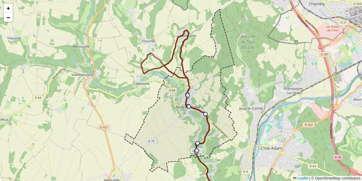 Carte du réseau de transport en commun à Nesles-la-Vallée - lignes de bus et arrêts