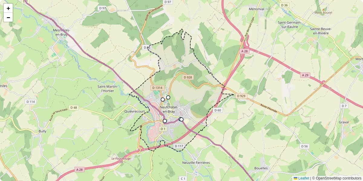 Carte du réseau de transport en commun à Neufchâtel-en-Bray - lignes de bus et arrêts