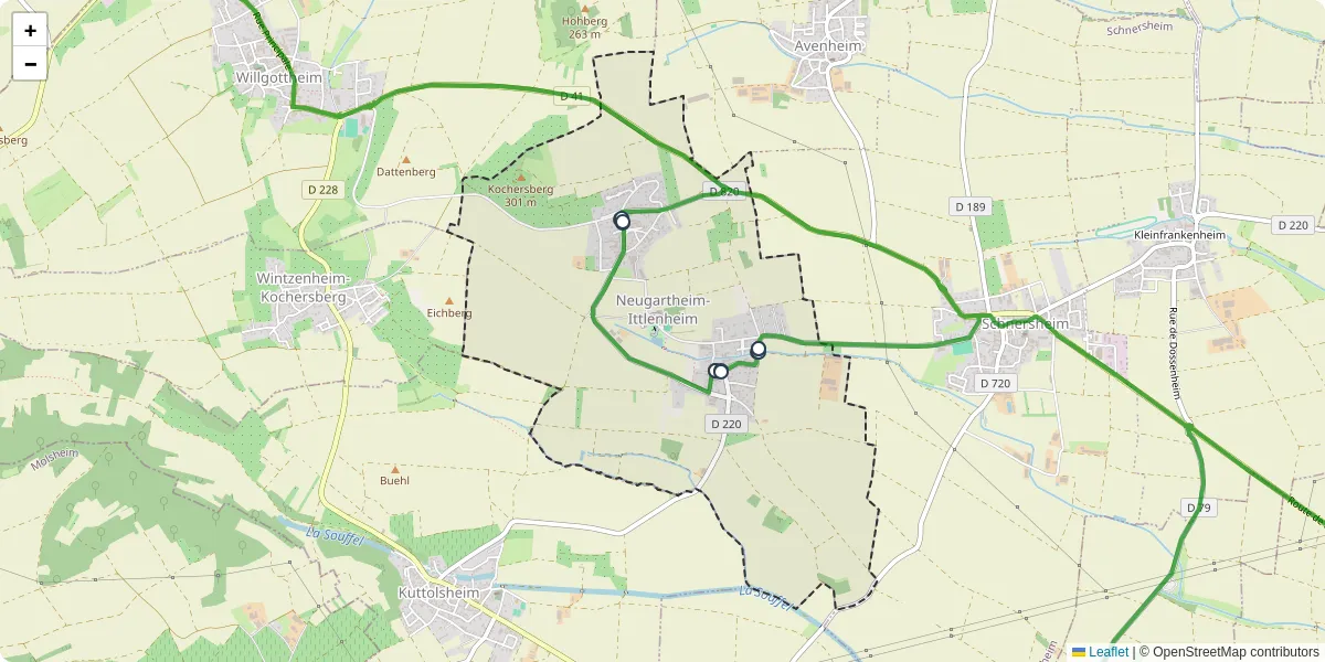 Carte du réseau de transport en commun à Neugartheim-Ittlenheim - lignes de bus et arrêts