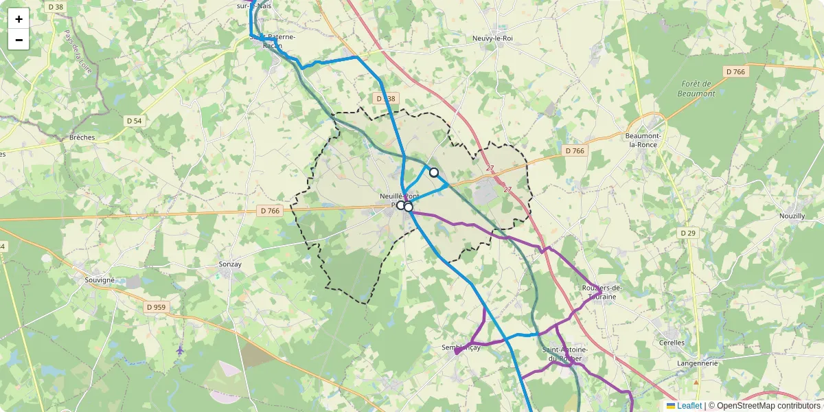 Carte du réseau de transport en commun à Neuillé-Pont-Pierre - lignes de bus et arrêts