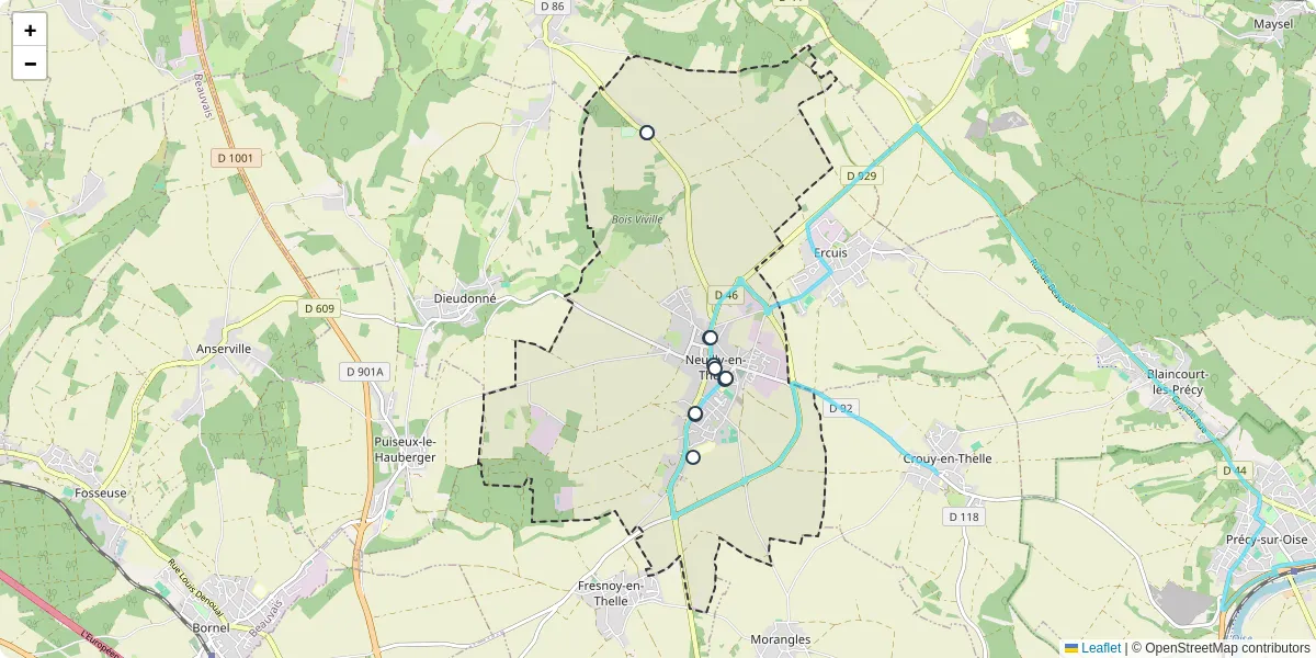 Carte du réseau de transport en commun à Neuilly-en-Thelle - lignes de bus et arrêts