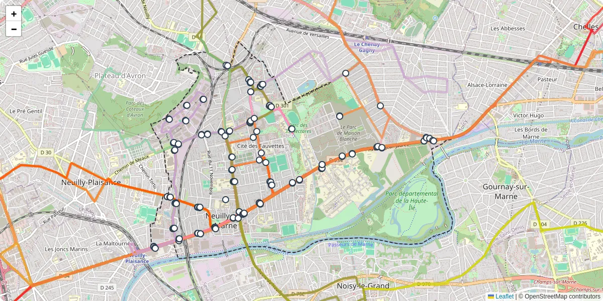 Carte du réseau de transport en commun à Neuilly-sur-Marne - lignes de bus et arrêts