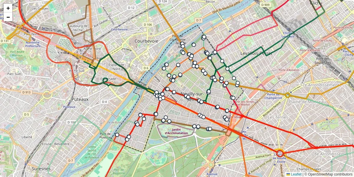 Carte du réseau de transport en commun à Neuilly-sur-Seine - lignes de bus et arrêts