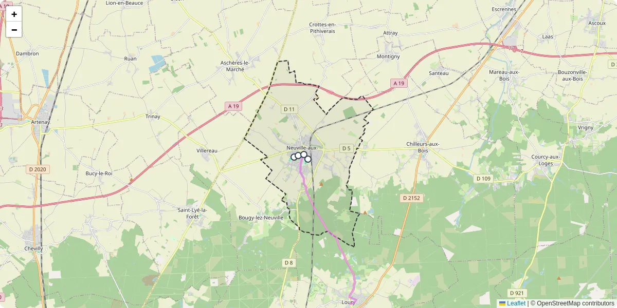 Carte du réseau de transport en commun à Neuville-aux-Bois - lignes de bus et arrêts