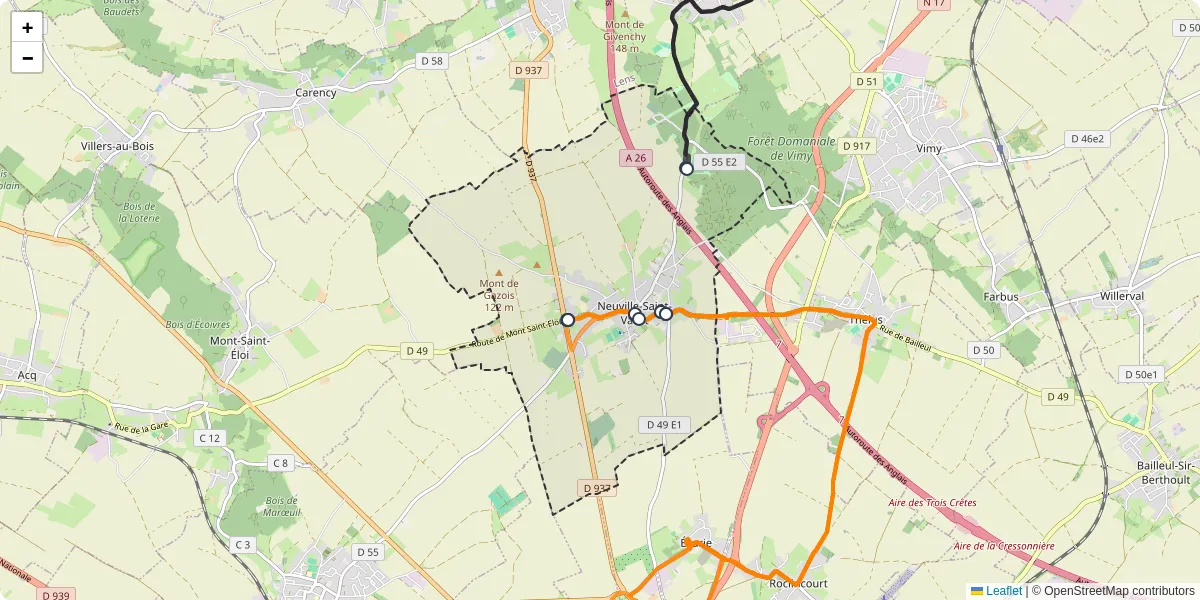 Carte du réseau de transport en commun à Neuville-Saint-Vaast - lignes de bus et arrêts