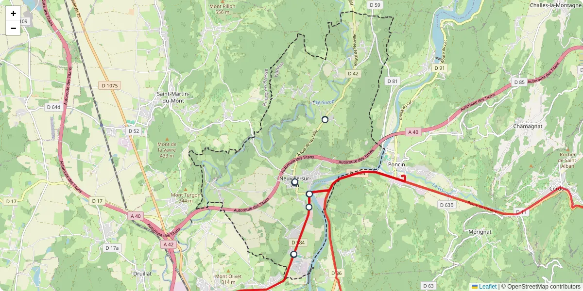 Carte du réseau de transport en commun à Neuville-sur-Ain - lignes de bus et arrêts