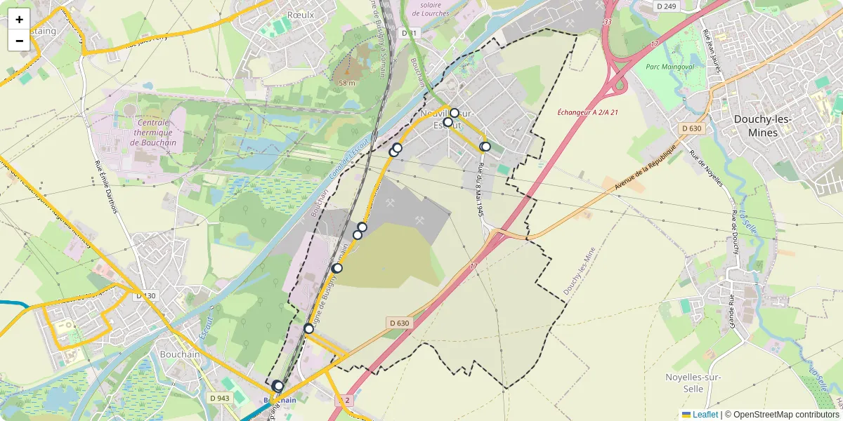 Carte du réseau de transport en commun à Neuville-sur-Escaut - lignes de bus et arrêts