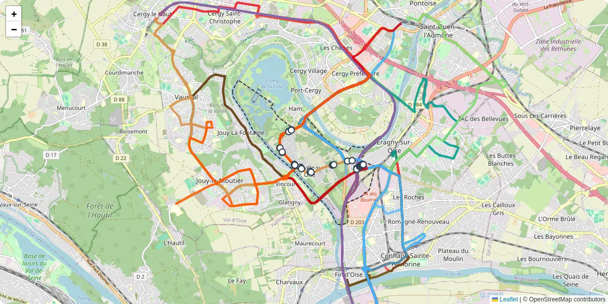 Carte du réseau de transport en commun à Neuville-sur-Oise - lignes de bus et arrêts