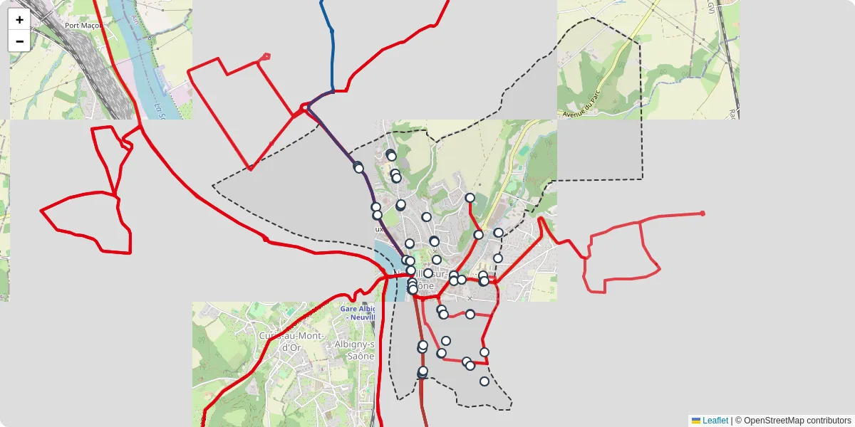 Carte du réseau de transport en commun à Neuville-sur-Saône - lignes de bus et arrêts