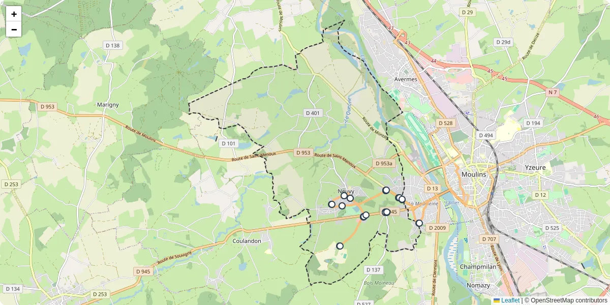 Carte du réseau de transport en commun à Neuvy - lignes de bus et arrêts