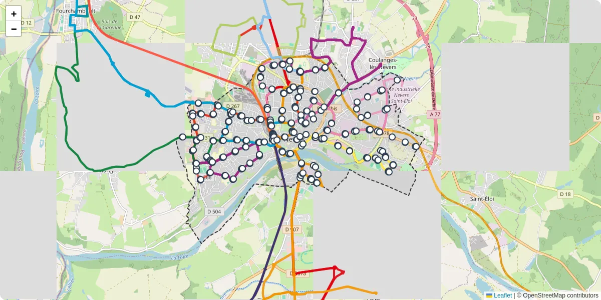 Carte du réseau de transport en commun à Nevers - lignes de bus et arrêts