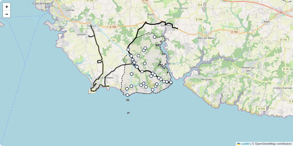 Carte du réseau de transport en commun à Névez - lignes de bus et arrêts