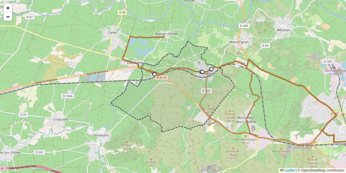 Carte du réseau de transport en commun à Névian - lignes de bus et arrêts