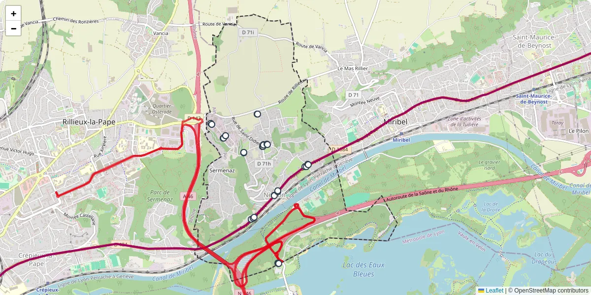 Carte du réseau de transport en commun à Neyron - lignes de bus et arrêts