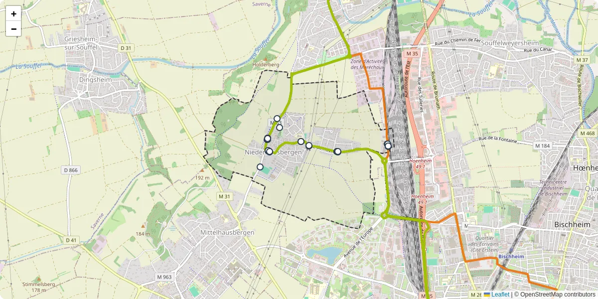 Carte du réseau de transport en commun à Niederhausbergen - lignes de bus et arrêts