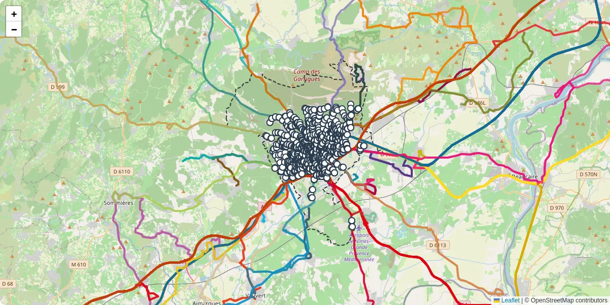 Carte du réseau de transport en commun à Nîmes - lignes de bus et arrêts
